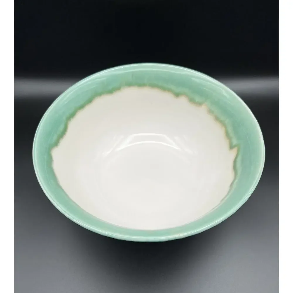 Pier 1 Imports Drip Glaze Stoneware Serving Mixing Bowl 9.5” Teal Green & White